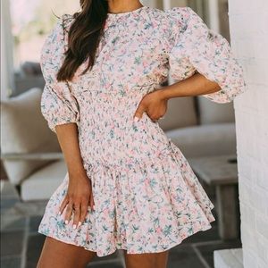 Eyelet Puff Sleeve Dress- Pink